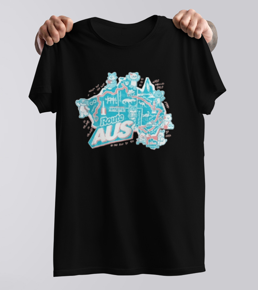 Route Aus Australia Map Animals Travel Icons Brisbane Sydney Melbourne Canberra T-Shirt