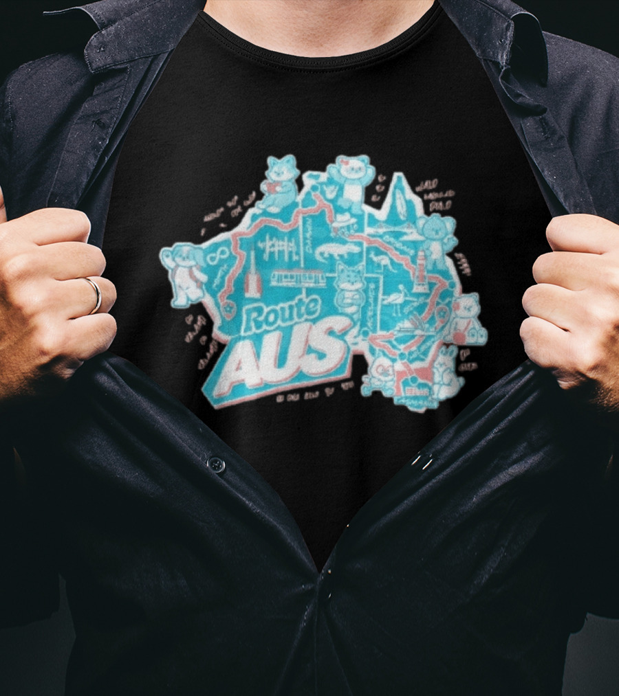 Route Aus Australia Map Animals Travel Icons Brisbane Sydney Melbourne Canberra T-Shirt