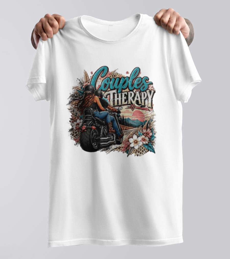 Couples Therapy Motorcycle Sunset Flowers Adventure T-Shirt