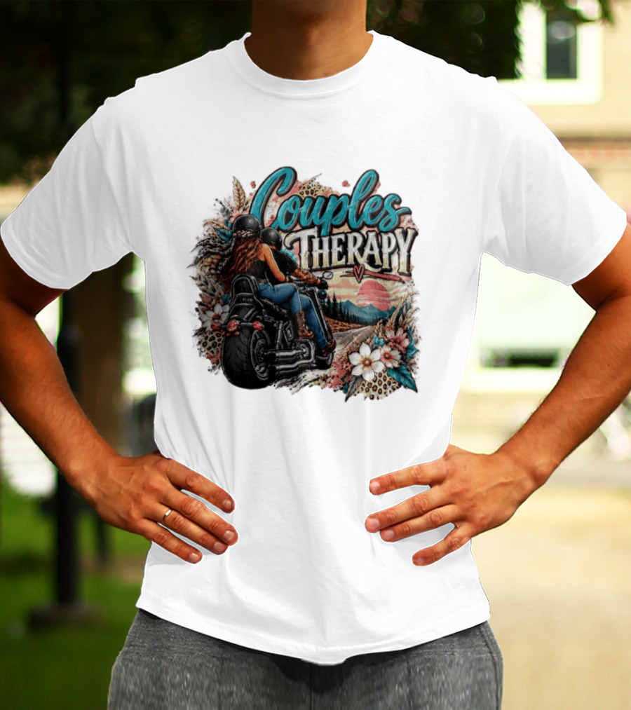 Couples Therapy Motorcycle Sunset Flowers Adventure T-Shirt