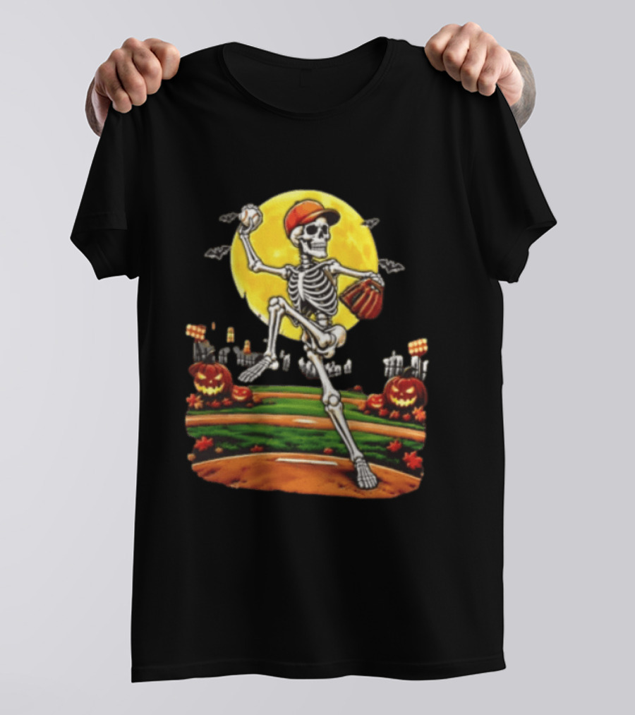 Skeleton Baseball Pitcher Halloween Full Moon Pumpkin Graveyard Scene T-Shirt