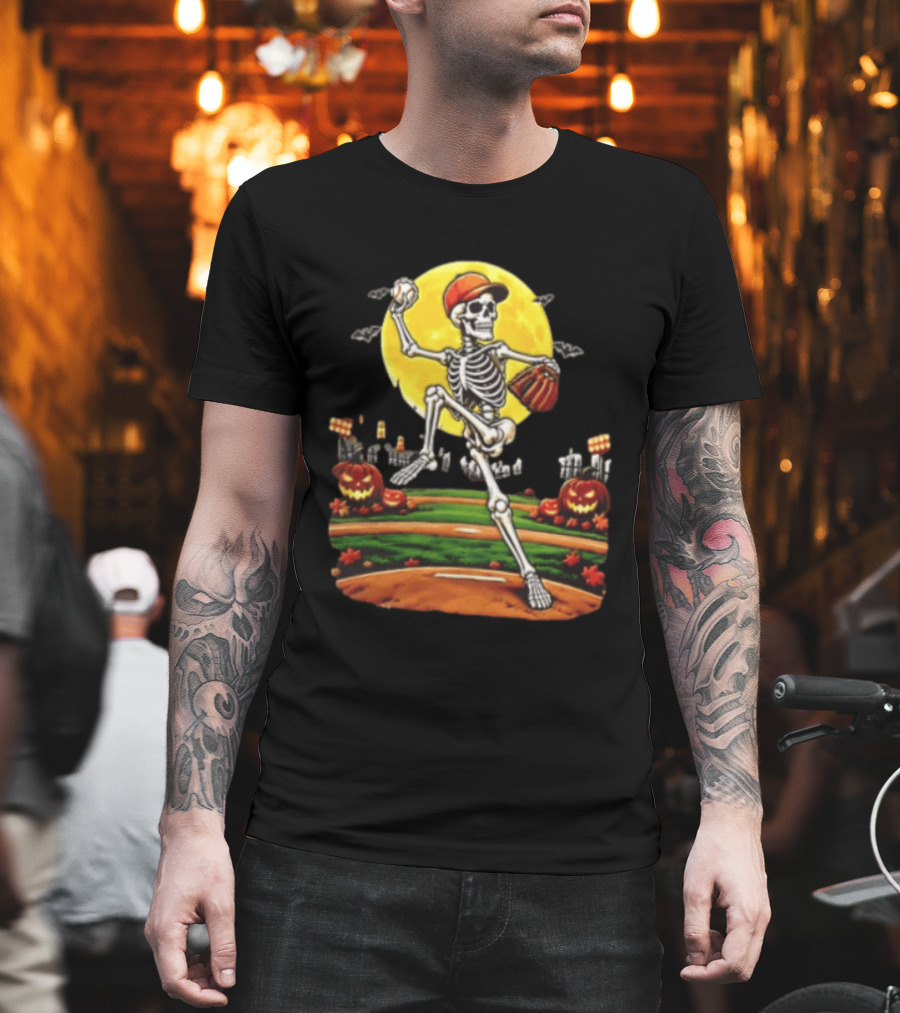Skeleton Baseball Pitcher Halloween Full Moon Pumpkin Graveyard Scene T-Shirt