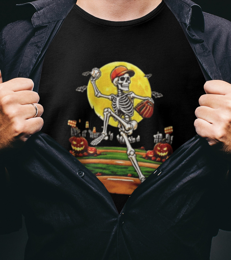 Skeleton Baseball Pitcher Halloween Full Moon Pumpkin Graveyard Scene T-Shirt