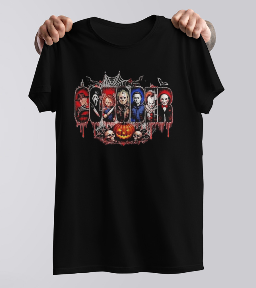 October Slashers Halloween Horror Characters Web Skulls Pumpkin T-Shirt