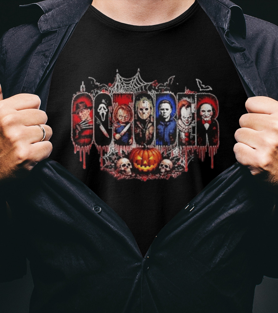 October Slashers Halloween Horror Characters Web Skulls Pumpkin T-Shirt