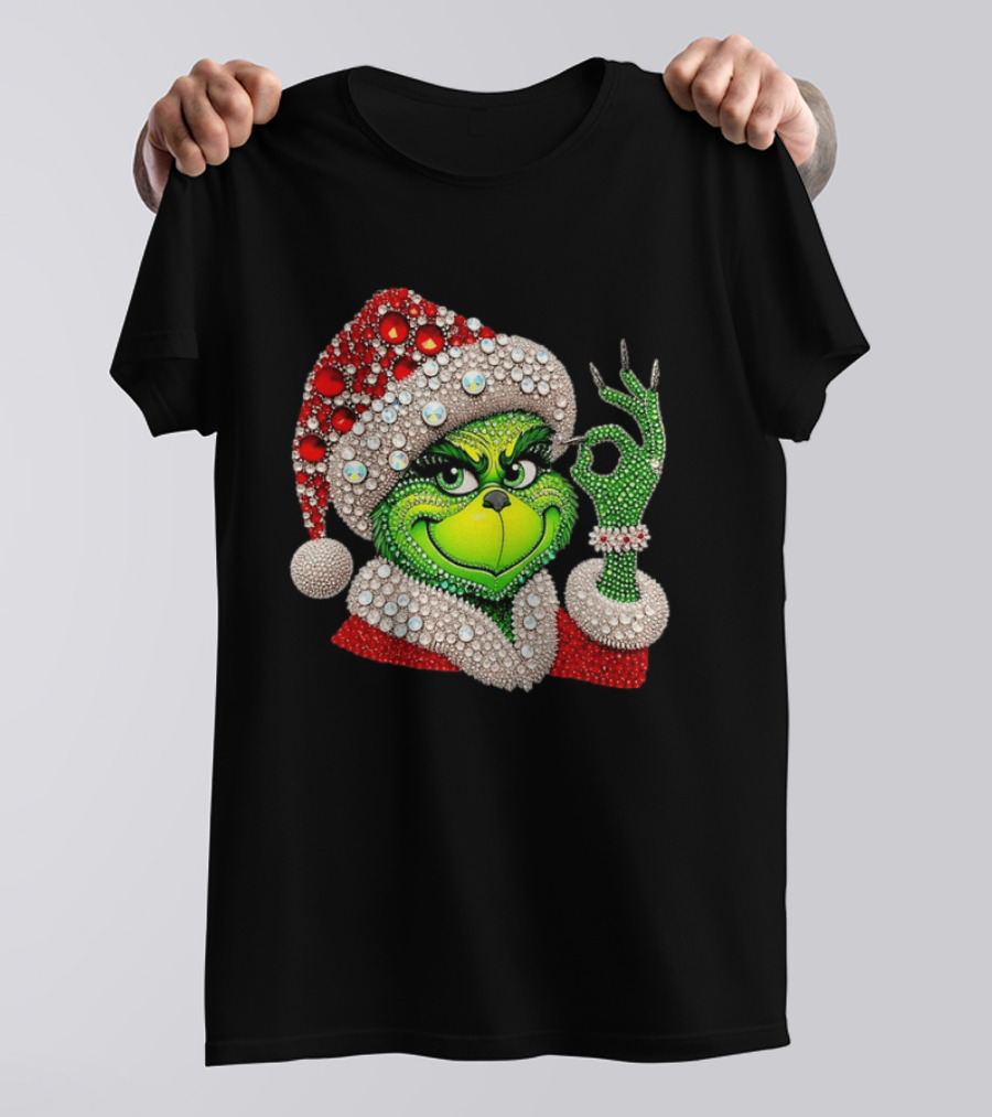 The Grinch Rhinestone Christmas Santa Hat Green Face With Jewels T-Shirt