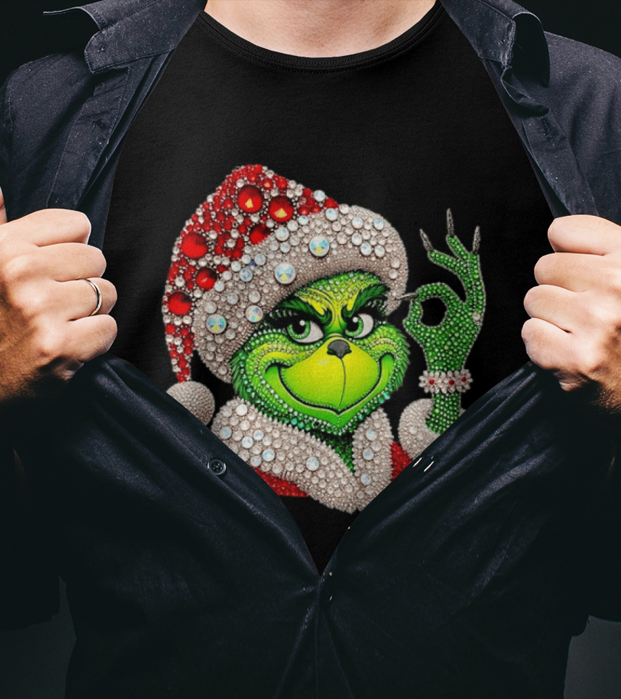 The Grinch Rhinestone Christmas Santa Hat Green Face With Jewels T-Shirt