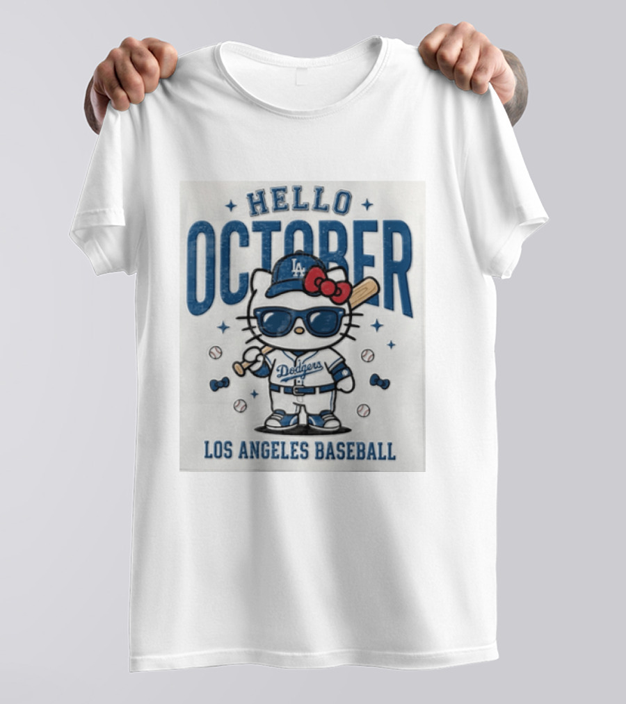Hello October Los Angeles Dodgers Baseball Kitty Fans Holiday Celebration T-Shirt