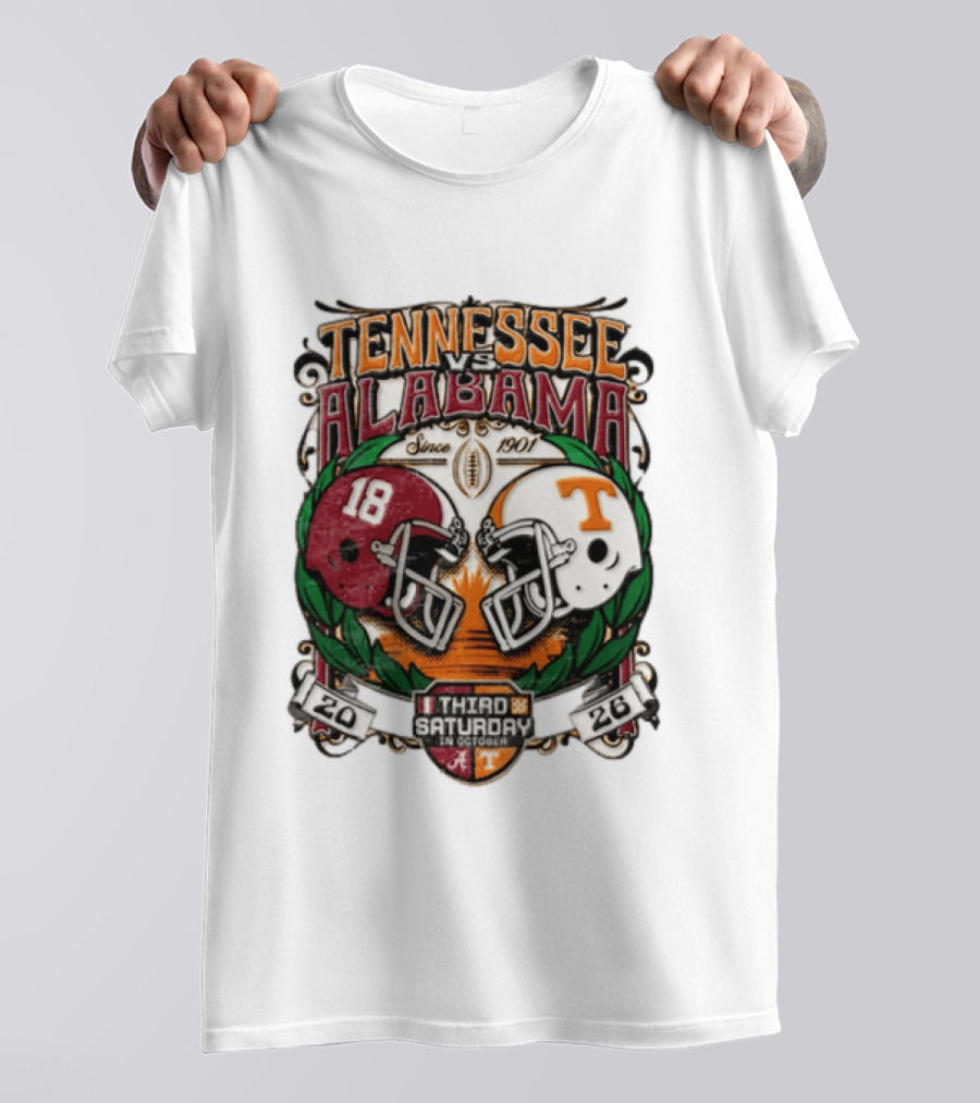 Tennessee Vs Alabama Football Rivalry Third Saturday October 2026 Helmets Since 1901 T-Shirt