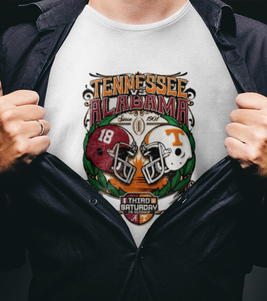 Tennessee Vs Alabama Football Rivalry Third Saturday October 2026 Helmets Since 1901 T-Shirt
