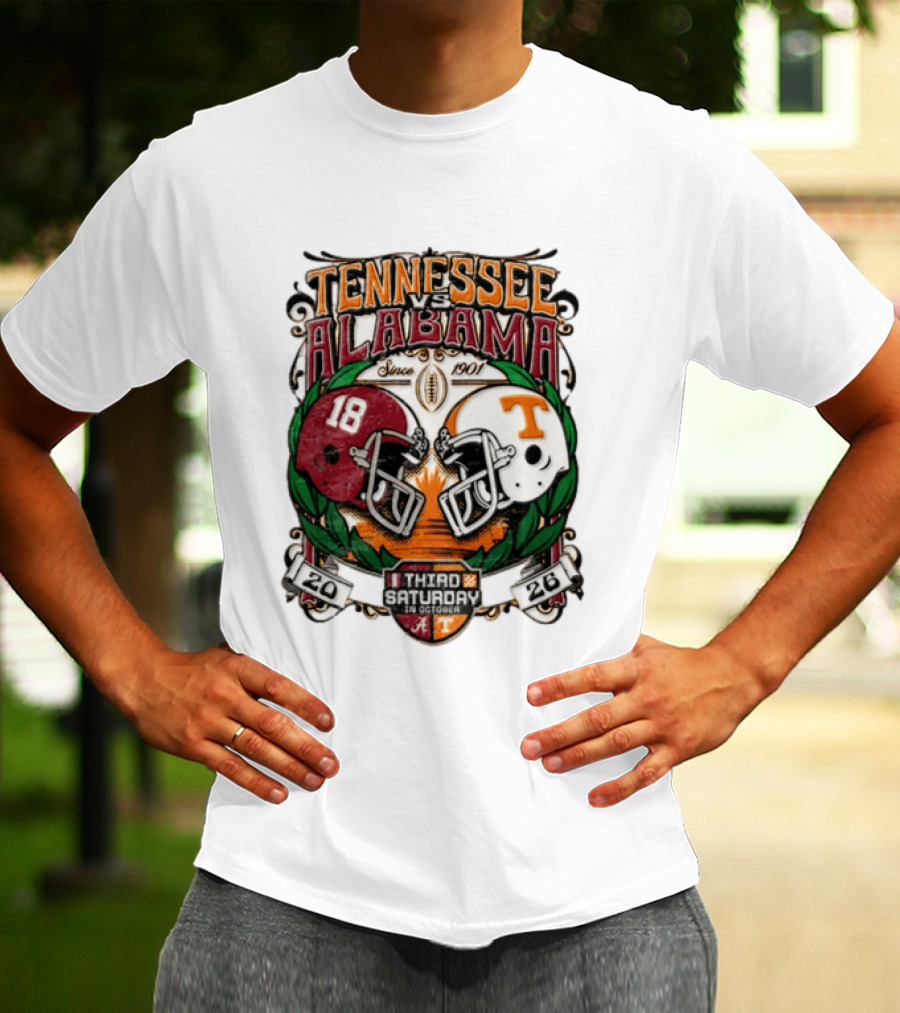 Tennessee Vs Alabama Football Rivalry Third Saturday October 2026 Helmets Since 1901 T-Shirt