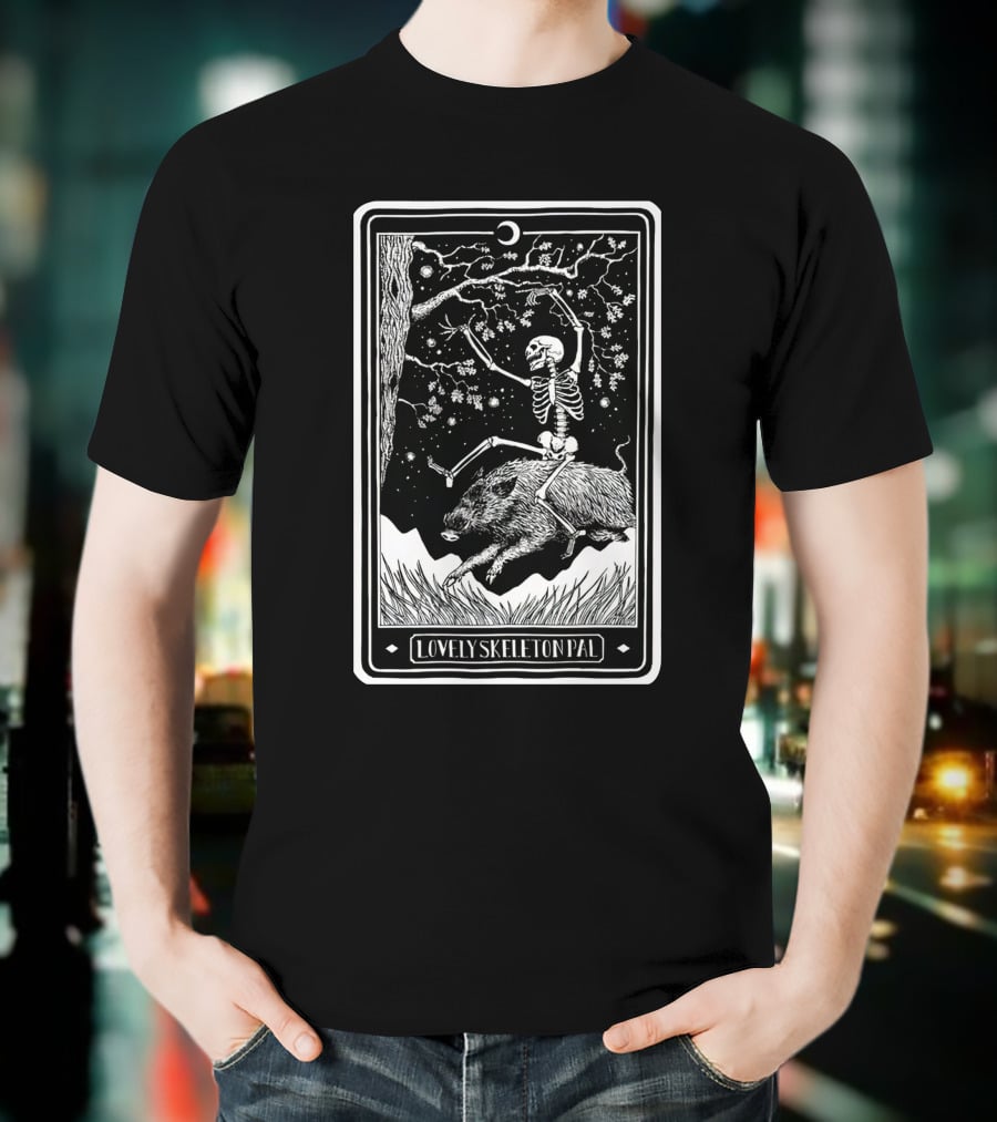 Lovely Skeleton Pal Johnny Chiodini Ever Press Store Merch Riding Wild Boar In Starry Night Scene T-Shirt