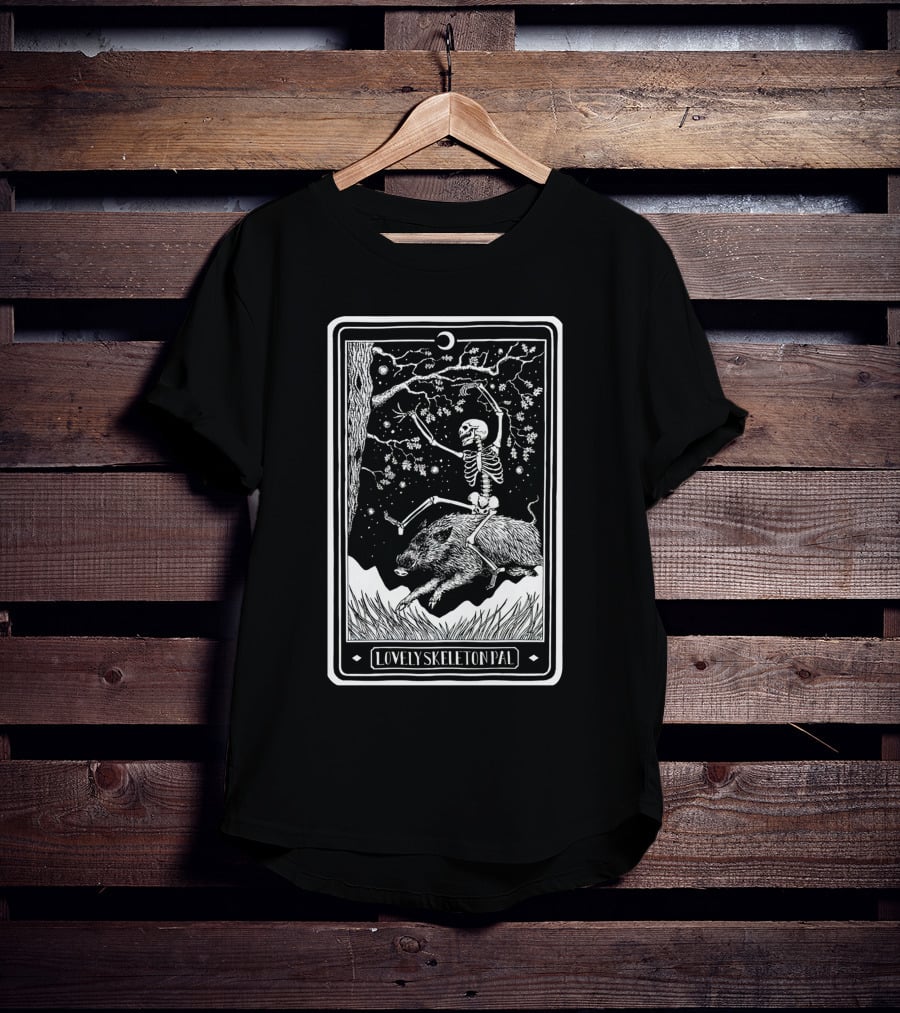 Lovely Skeleton Pal Johnny Chiodini Ever Press Store Merch Riding Wild Boar In Starry Night Scene T-Shirt