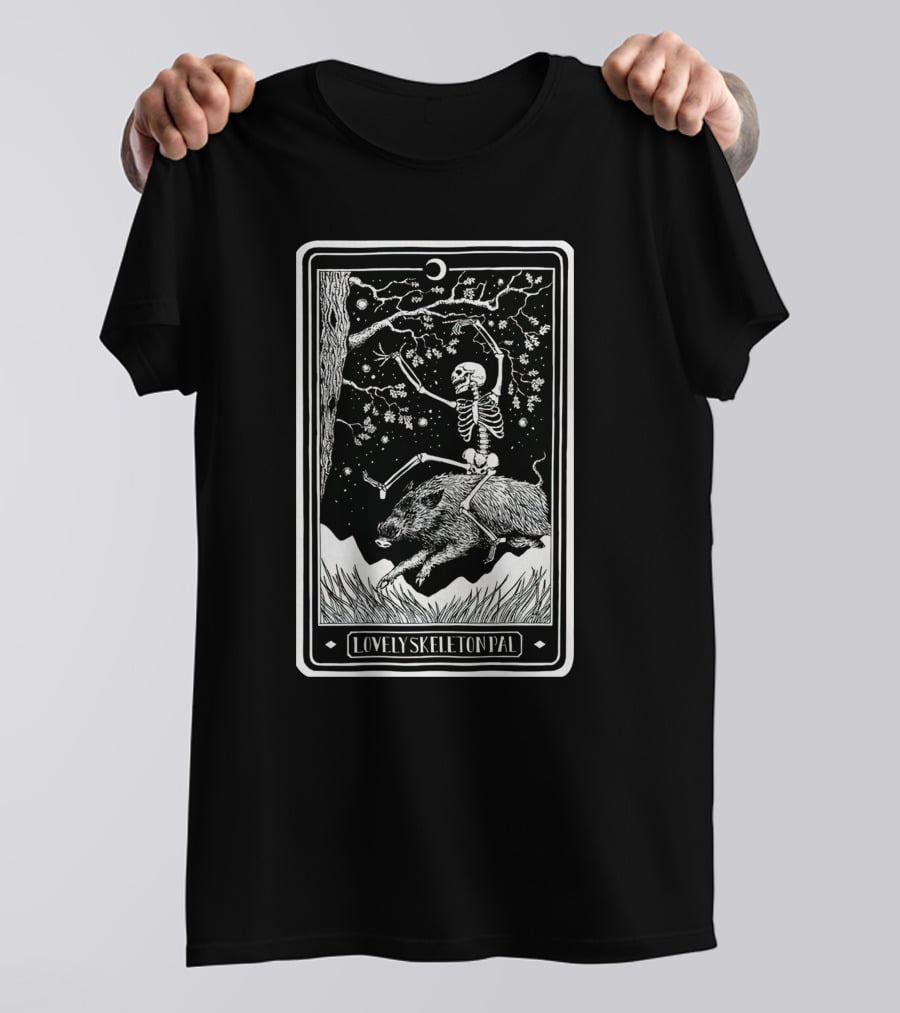 Lovely Skeleton Pal Johnny Chiodini Ever Press Store Merch Riding Wild Boar In Starry Night Scene T-Shirt