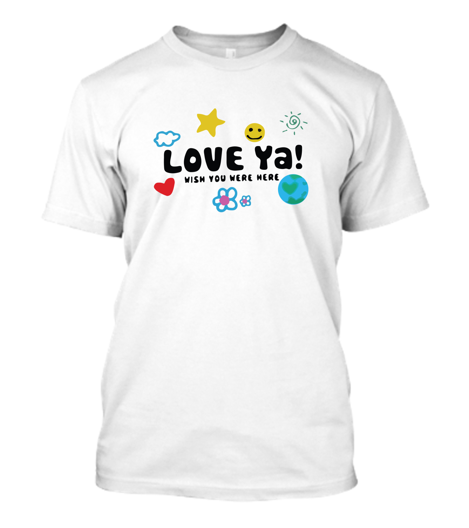 Temerchan Noko Love Ya Wish You Were Here Star Smiley Heart Earth Cloud Flower T-Shirt