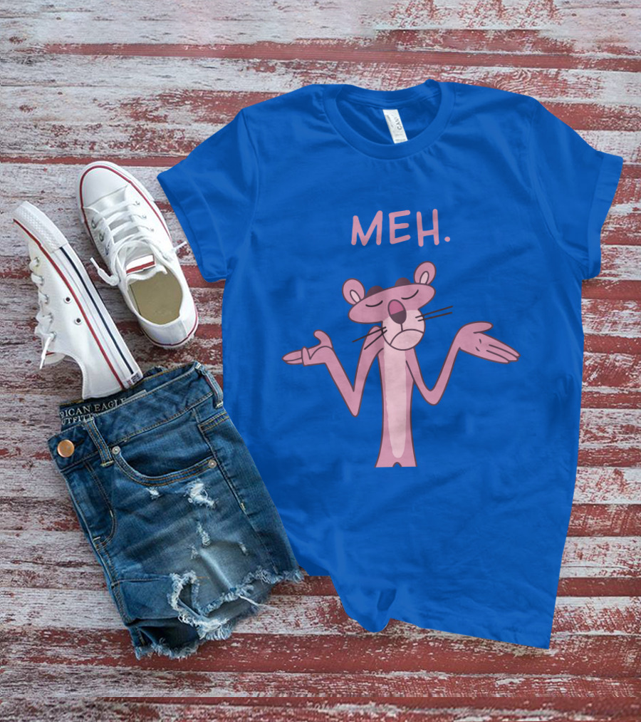 Qwertee Pink Panther Meh Apathy Blue Background T-Shirt