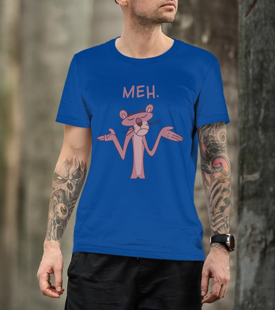 Qwertee Pink Panther Meh Apathy Blue Background T-Shirt