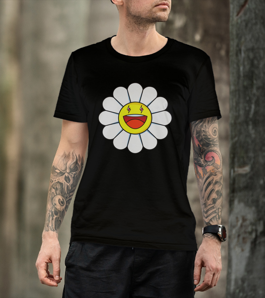 J Balvin Merch Blanco Large Flower Smiley Face With Lightning Eyes T-Shirt