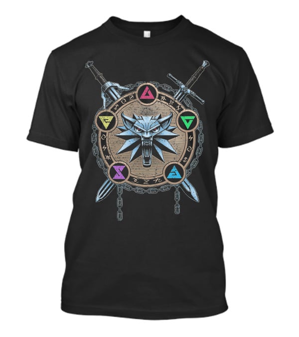 Mark Of Wolf Color Wild Hunt Witcher Medallion And Swords With Elemental Symbols T-Shirt