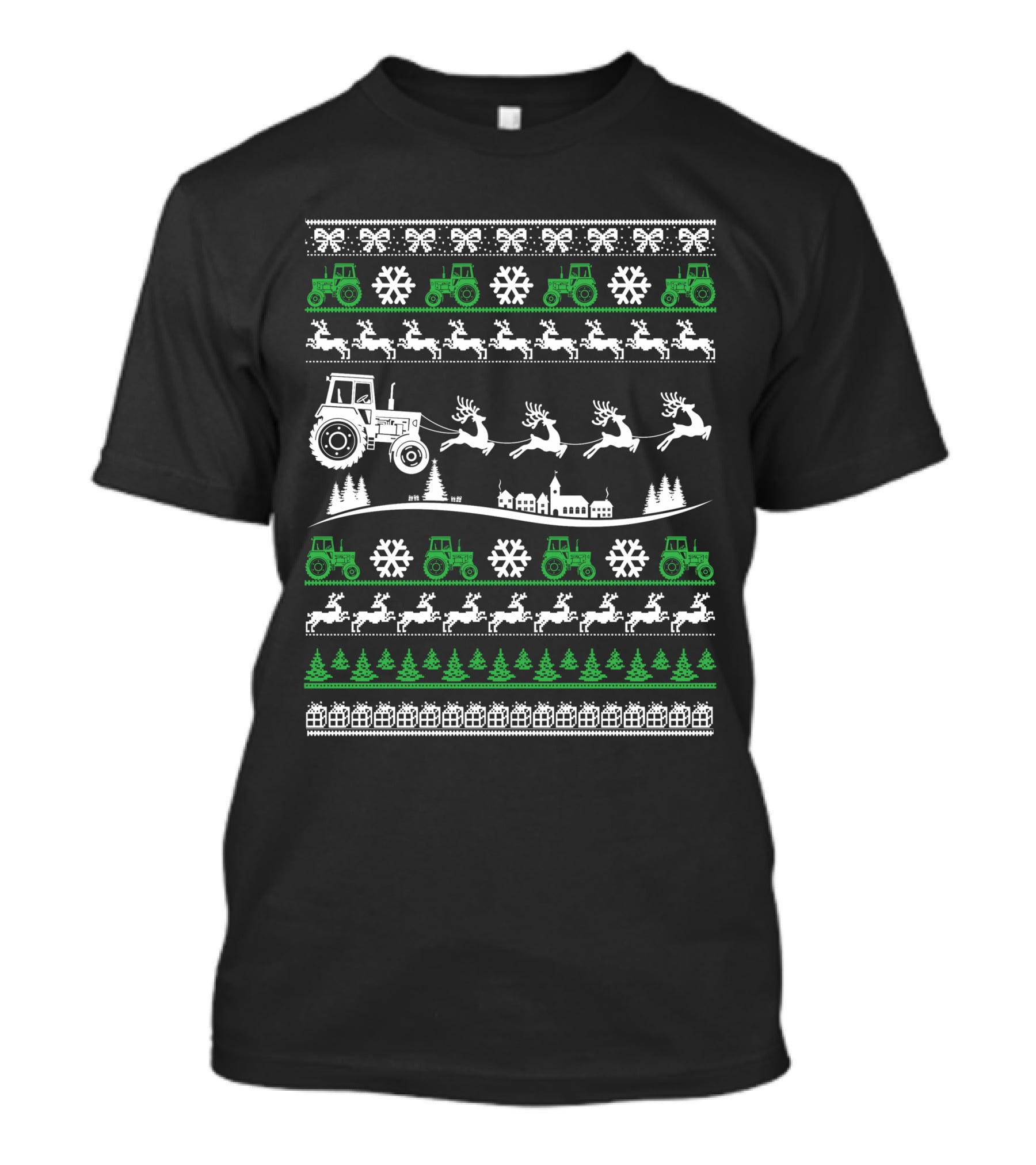 Funny Christmas Farmer Tractor Reindeer Snowflakes Trees T-Shirt