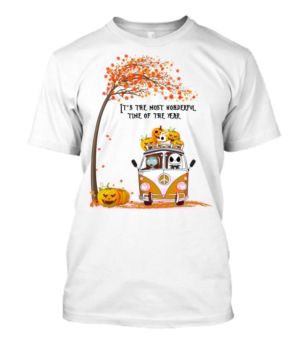 It's The Most Wonderful Time Of The Year Jack Sally Zero And Pumpkin In Van With Tree And Autumn Leaves T-Shirt