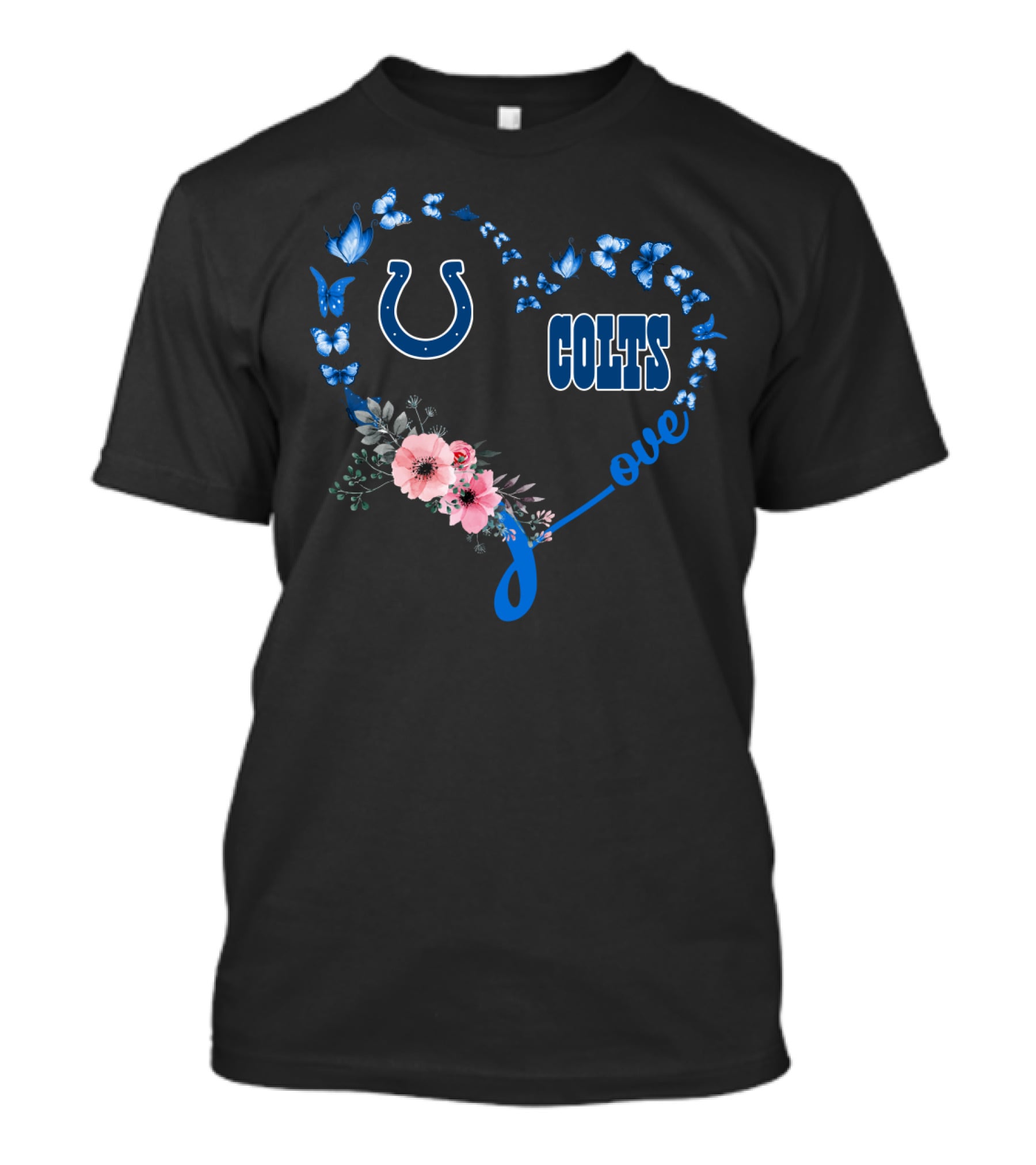 Indianapolis Colts Love Heart With Butterflies And Flowers T-Shirt