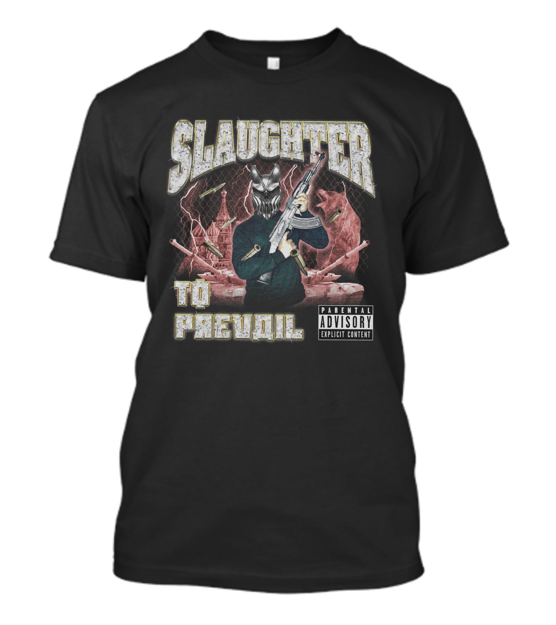 Slaughter To Prevail Explicit Content Masked Figure With Gun And Bullets T-Shirt