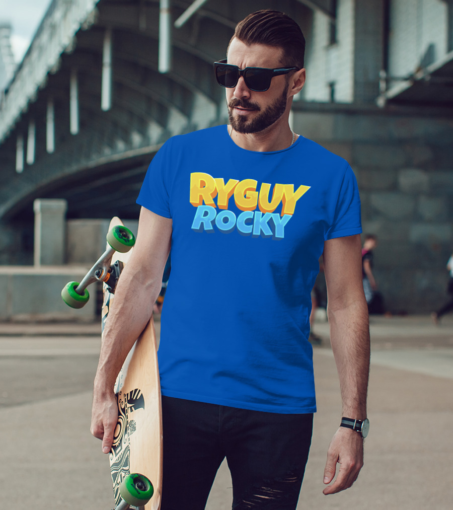 RYGUYROCKY Bold Text Logo Blue Background T-Shirt