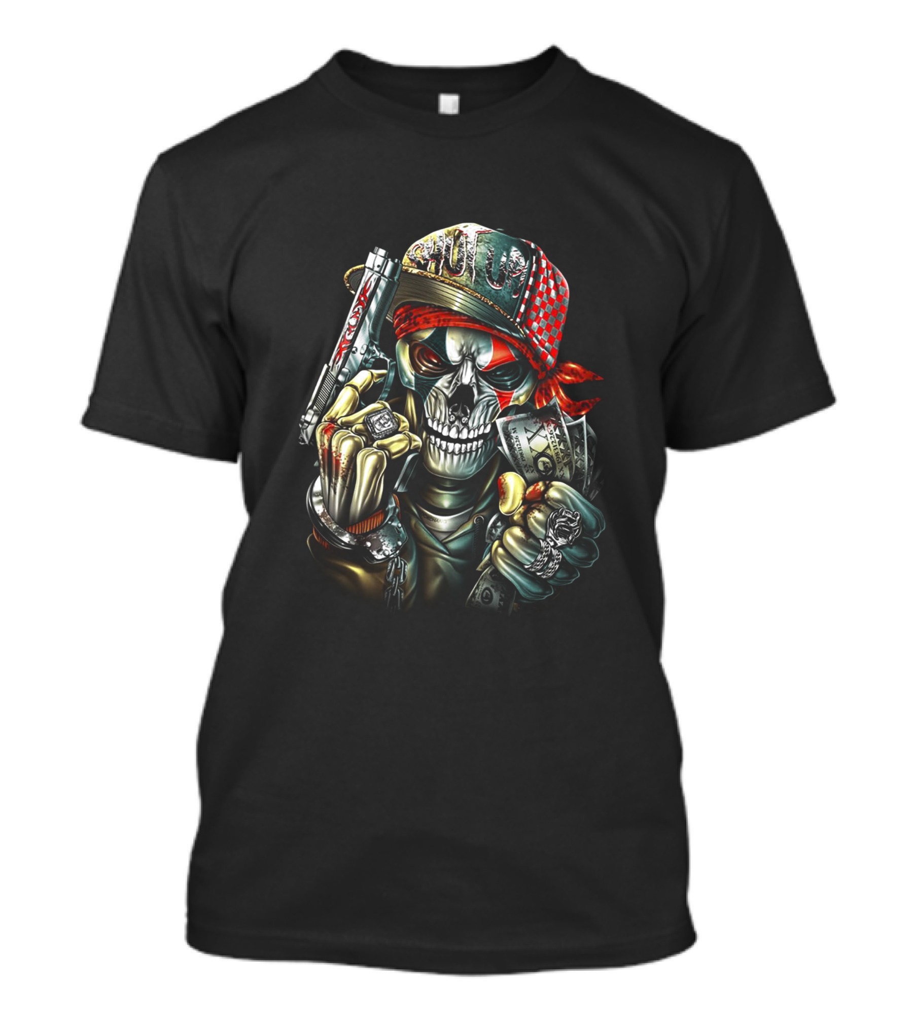 Skull Cap With Gun And Money Holding Skull Face And Knuckle Duster T-Shirt