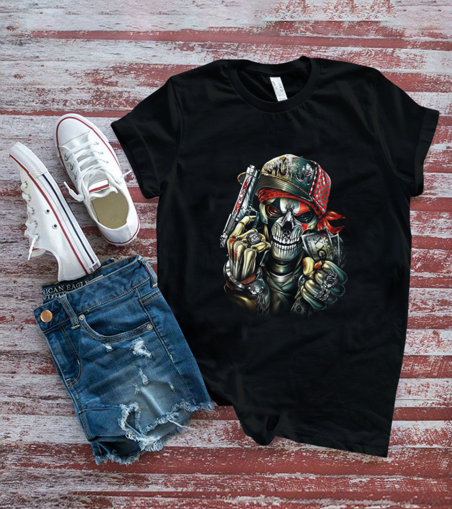 Skull Cap With Gun And Money Holding Skull Face And Knuckle Duster T-Shirt