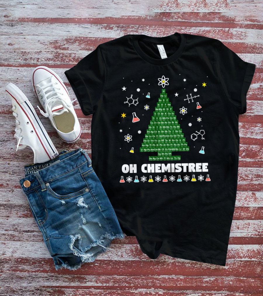 Oh Chemistree Periodic Table Christmas Tree With Beakers And Molecules T-Shirt