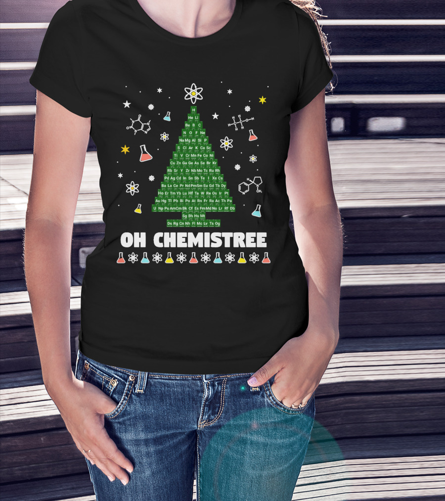 Oh Chemistree Periodic Table Christmas Tree With Beakers And Molecules T-Shirt