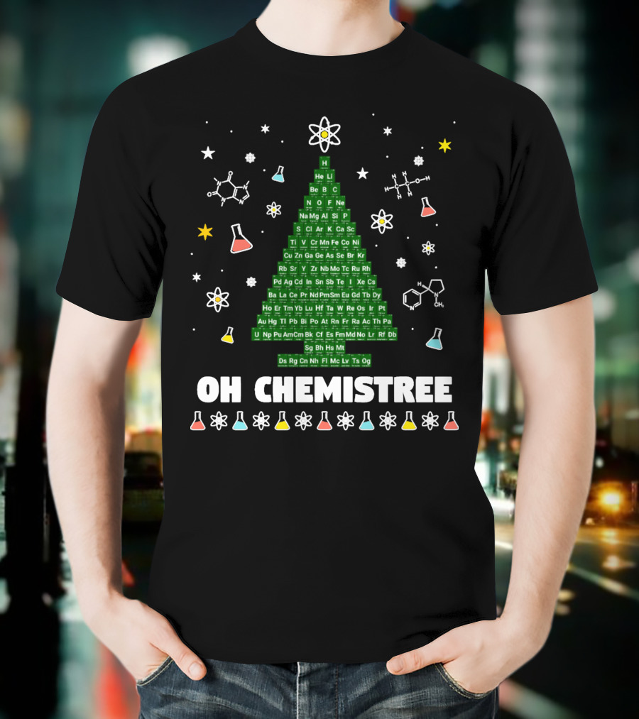 Oh Chemistree Periodic Table Christmas Tree With Beakers And Molecules T-Shirt