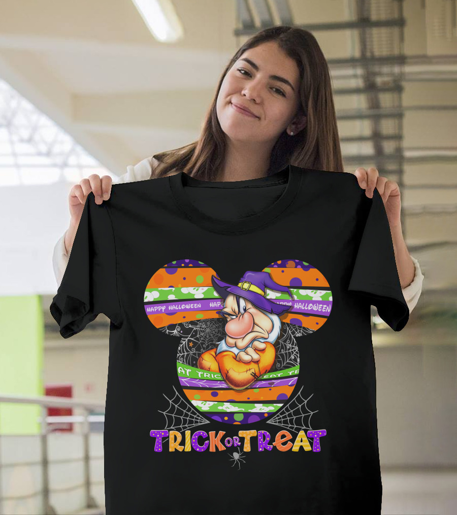 Grumpy Trick Or Treat Halloween Mickey Ears Wizard Hat Spider Webs T-Shirt