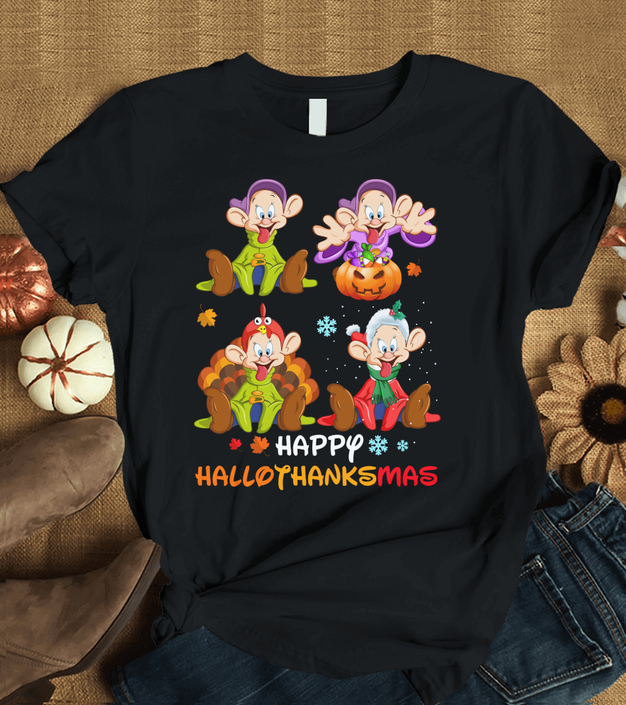 Happy Hallothanksmas Dopey Pumpkin Turkey Santa T-Shirt