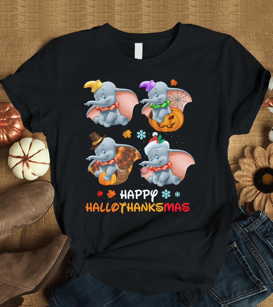 Happy Hallothanksmas Dumbo Holiday Theme T-Shirt