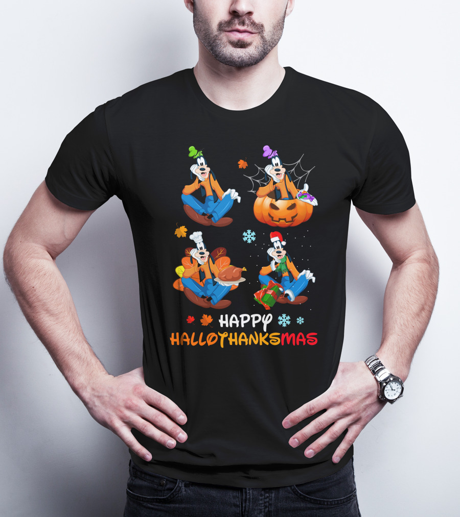 Happy Hallothanksmas Goofy Pumpkin Turkey Gift Leaves Snowflakes T-Shirt