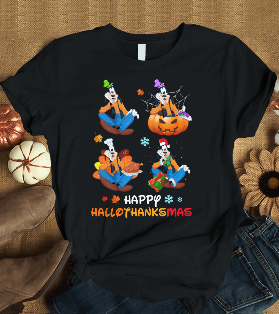 Happy Hallothanksmas Goofy Pumpkin Turkey Gift Leaves Snowflakes T-Shirt