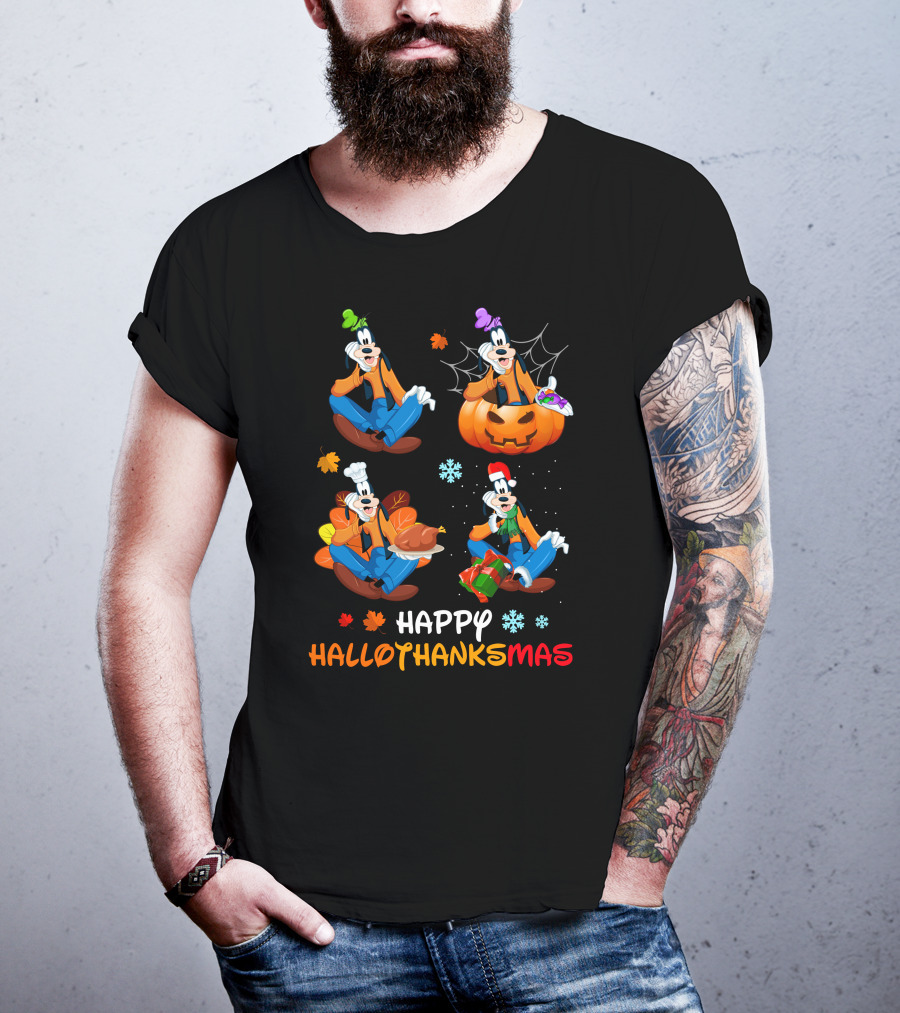 Happy Hallothanksmas Goofy Pumpkin Turkey Gift Leaves Snowflakes T-Shirt