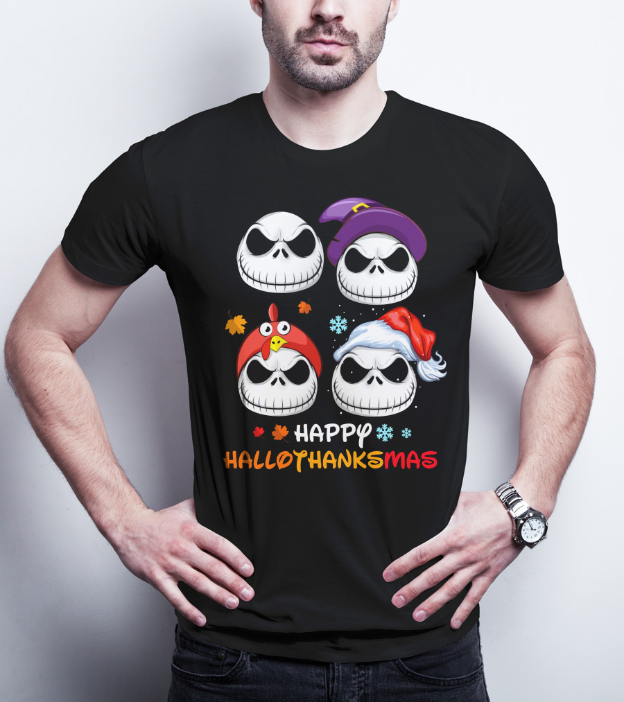 Happy Hallothanksmas Jack Faces With Witch Turkey Santa Hats T-Shirt