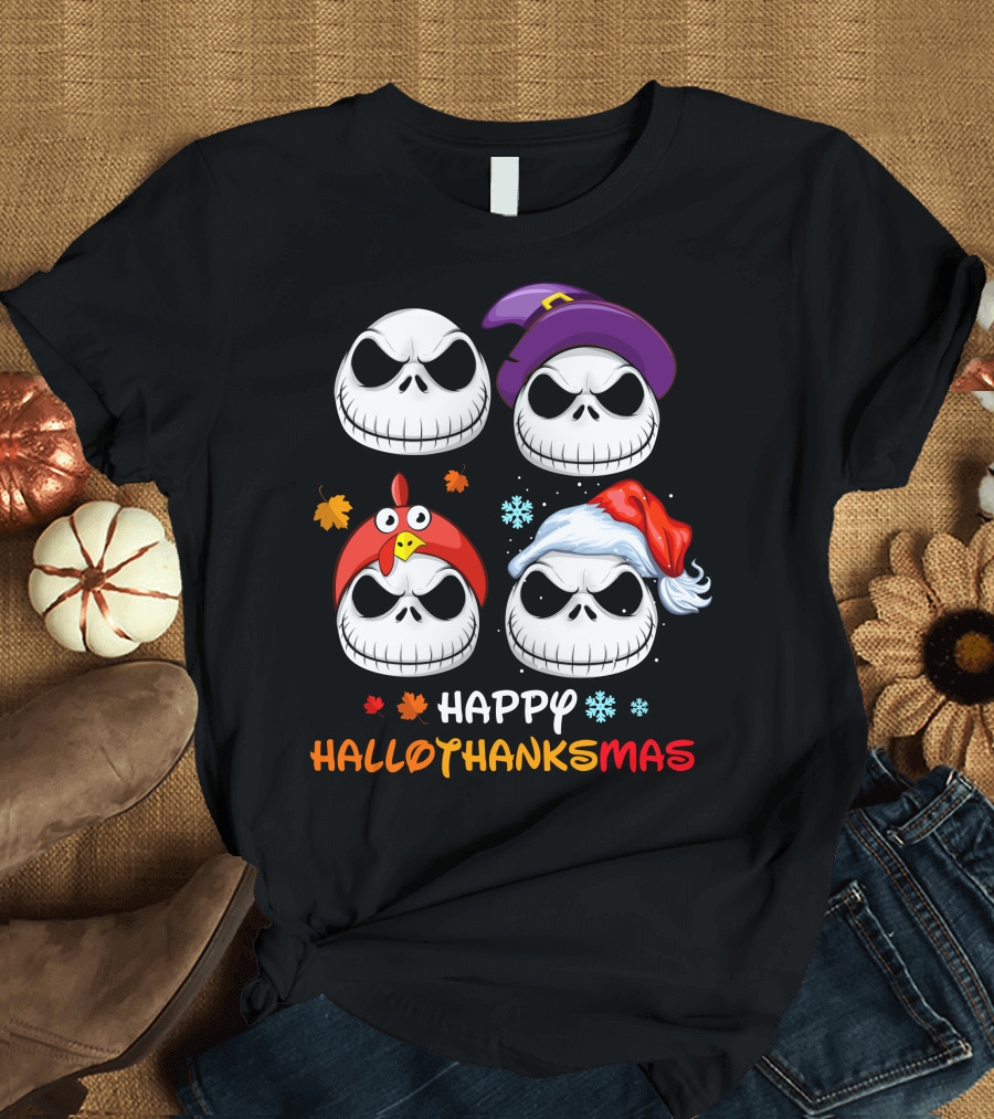 Happy Hallothanksmas Jack Faces With Witch Turkey Santa Hats T-Shirt