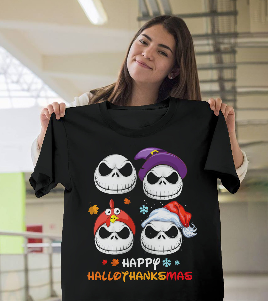 Happy Hallothanksmas Jack Faces With Witch Turkey Santa Hats T-Shirt