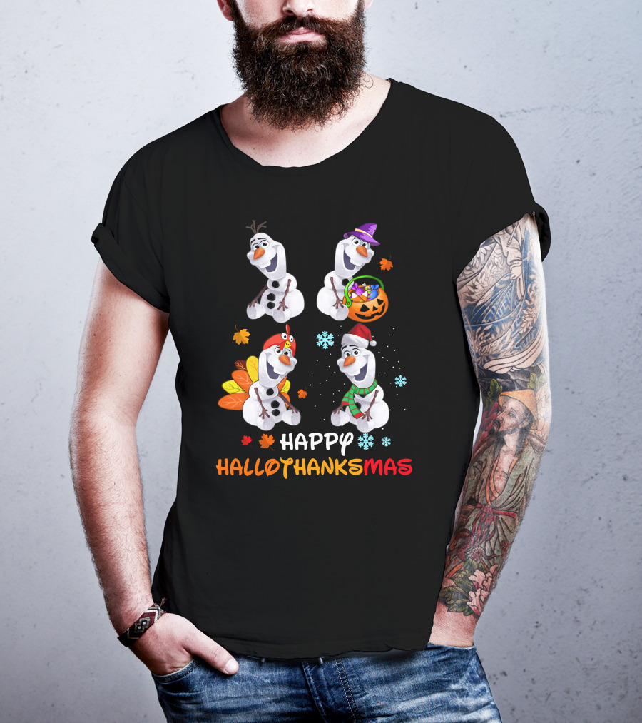 Happy Hallothanksmas Olaf Snowman Seasonal Celebration T-Shirt