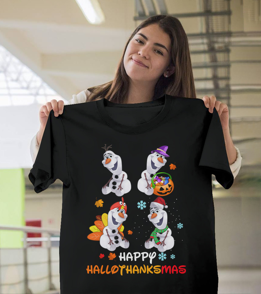 Happy Hallothanksmas Olaf Snowman Seasonal Celebration T-Shirt