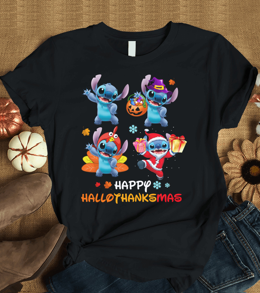 Stitch Happy Hallothanksmas Halloween Thanksgiving Christmas T-Shirt