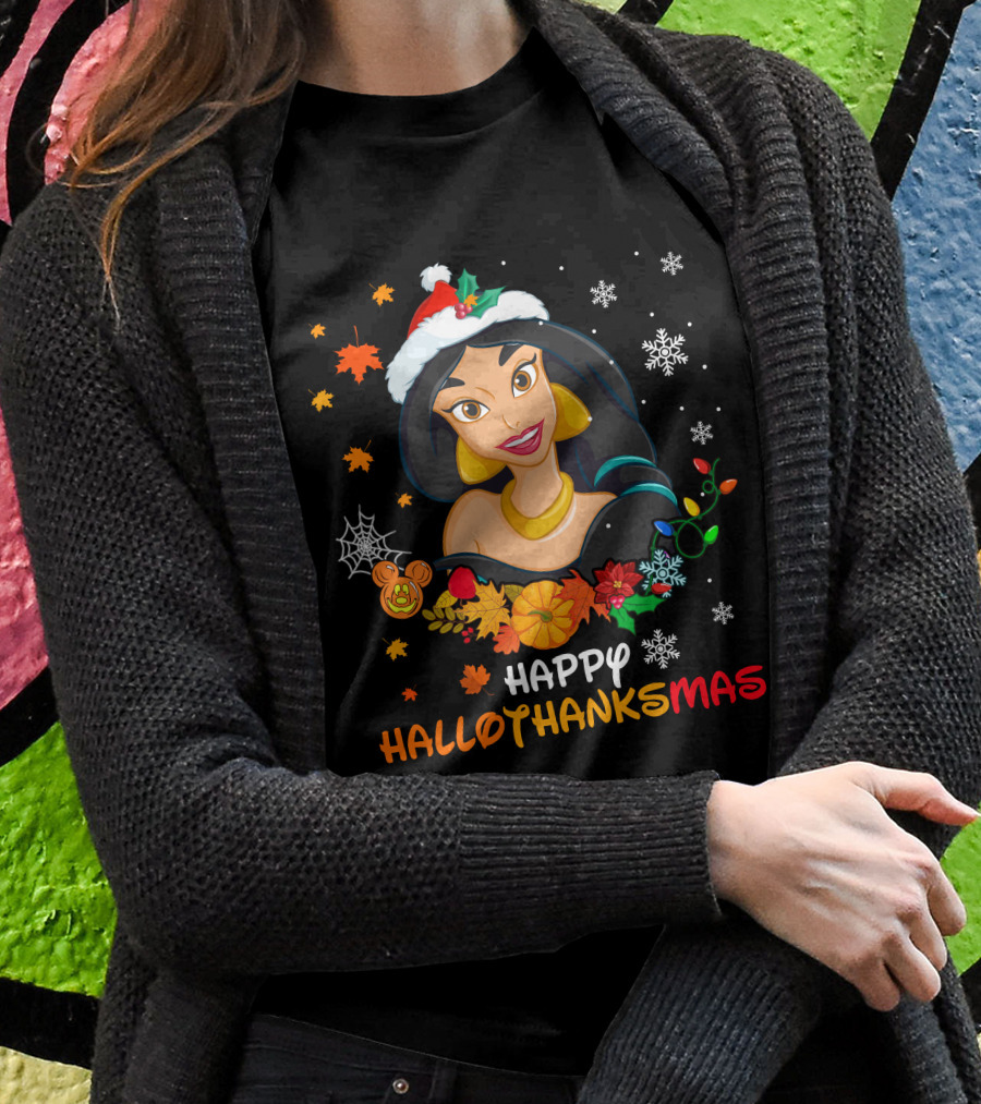 Jasmine Happy Hallothanksmas Snowflakes Autumn Leaves Santa Hat T-Shirt
