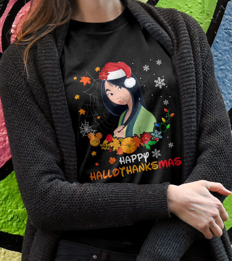Happy Hallothanksmas Mulan Snowflakes Santa Hat Leaves T-Shirt
