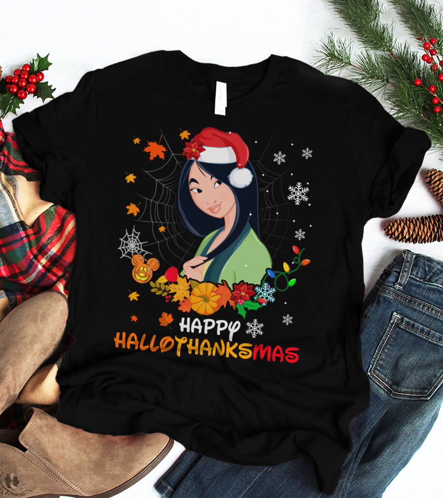 Happy Hallothanksmas Mulan Snowflakes Santa Hat Leaves T-Shirt