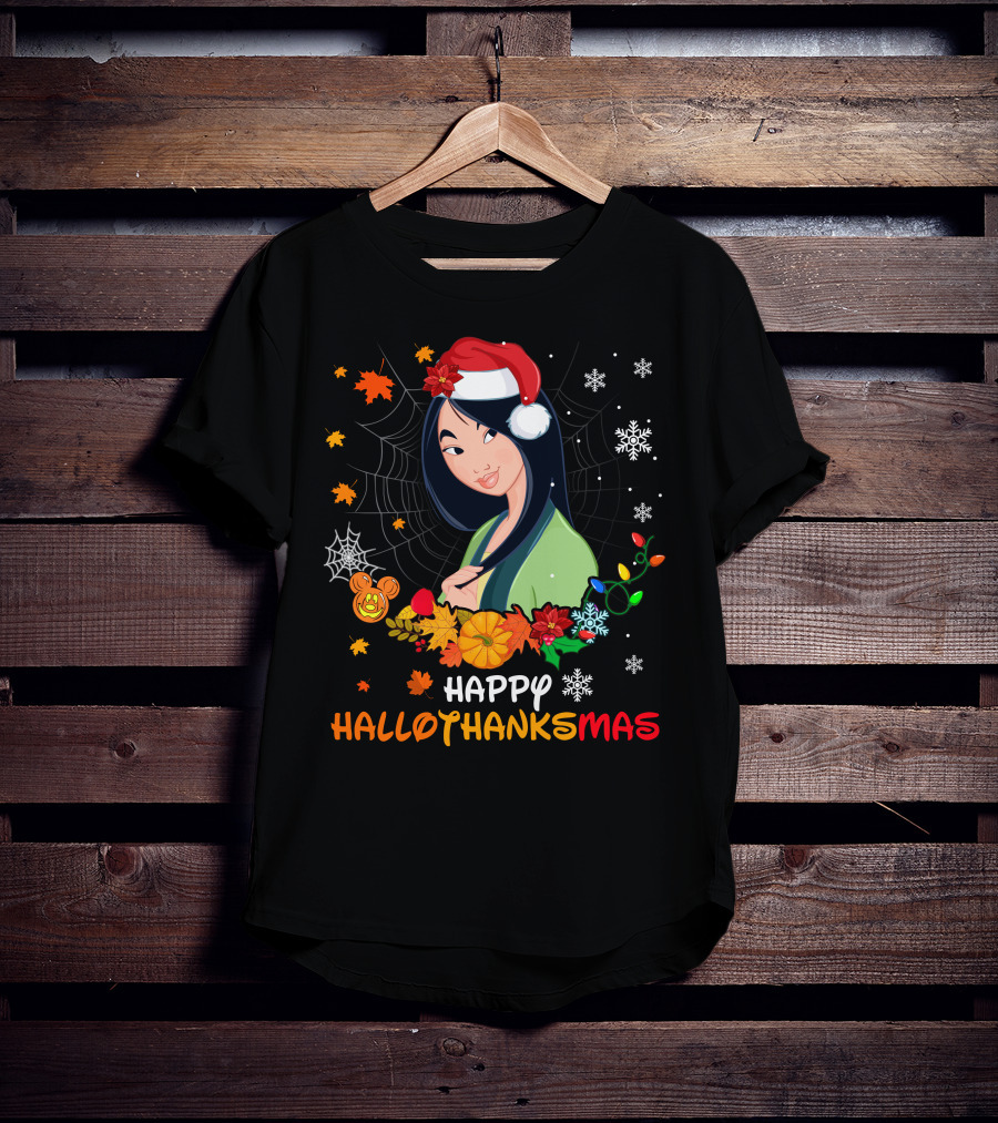Happy Hallothanksmas Mulan Snowflakes Santa Hat Leaves T-Shirt