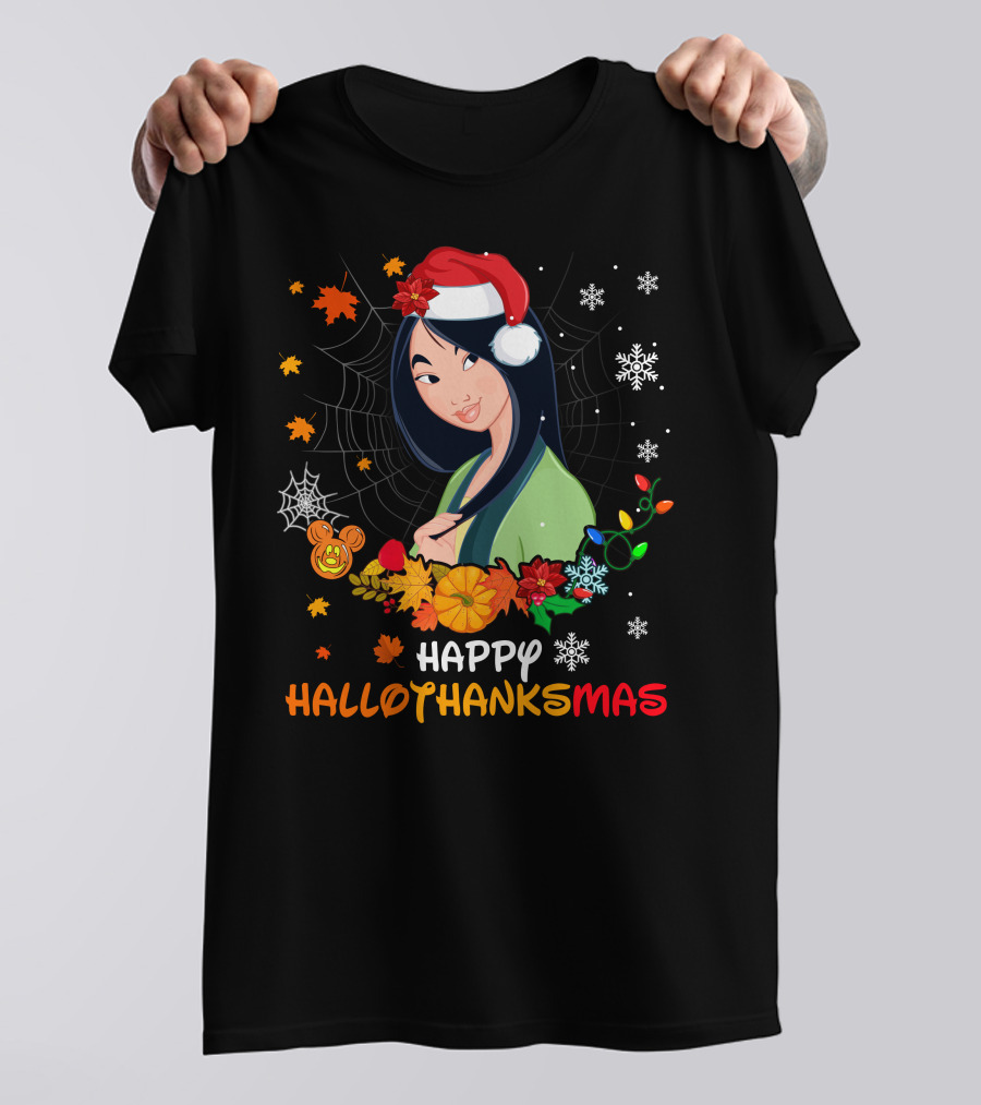 Happy Hallothanksmas Mulan Snowflakes Santa Hat Leaves T-Shirt